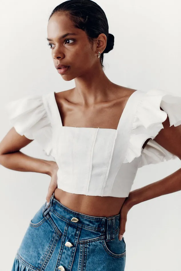 Aje Vanades Frill Crop Top Ivory Women Tops