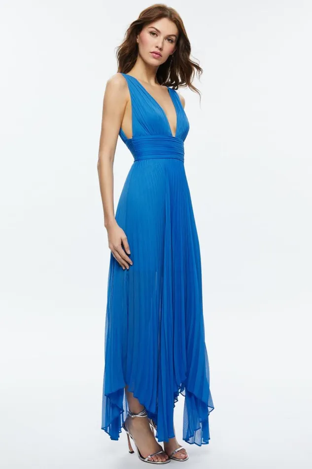 Alice Olivia Adrianna Pleated Maxi Dress French Blue Women Dresses