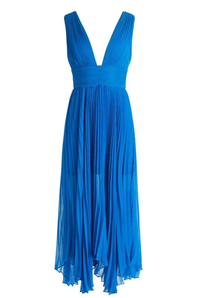 Alice Olivia Adrianna Pleated Maxi Dress French Blue Women Dresses