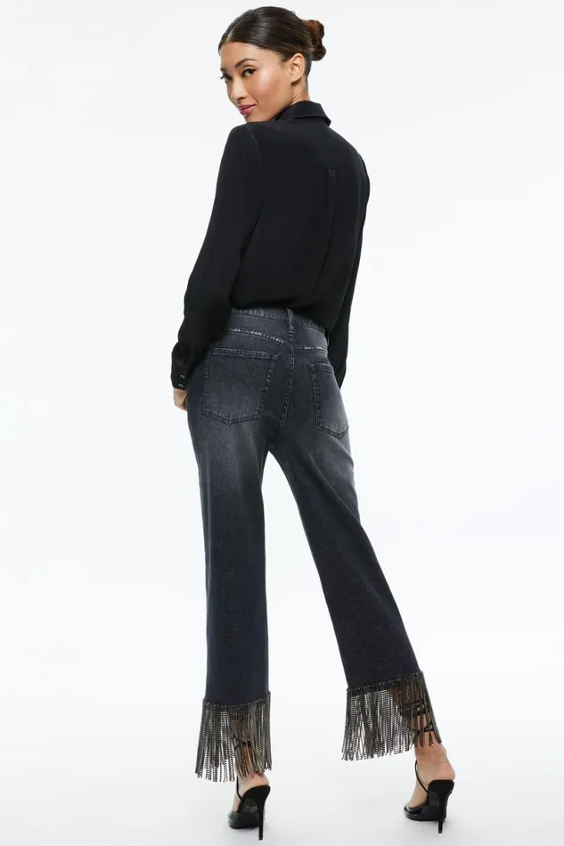 Alice Olivia Amazing Crystal Fringe Hem Jean Maya Charcoal Black Women Pants