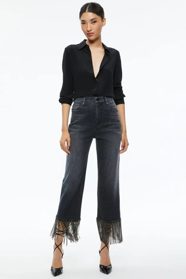Alice Olivia Amazing Crystal Fringe Hem Jean Maya Charcoal Black Women Pants