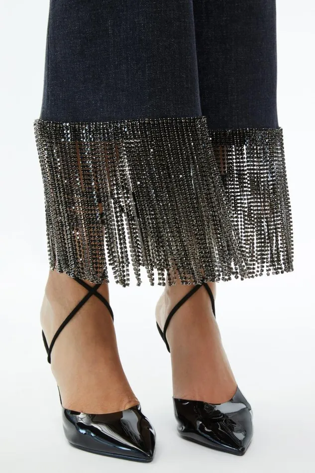 Alice Olivia Amazing Crystal Fringe Hem Jean Maya Charcoal Black Women Pants