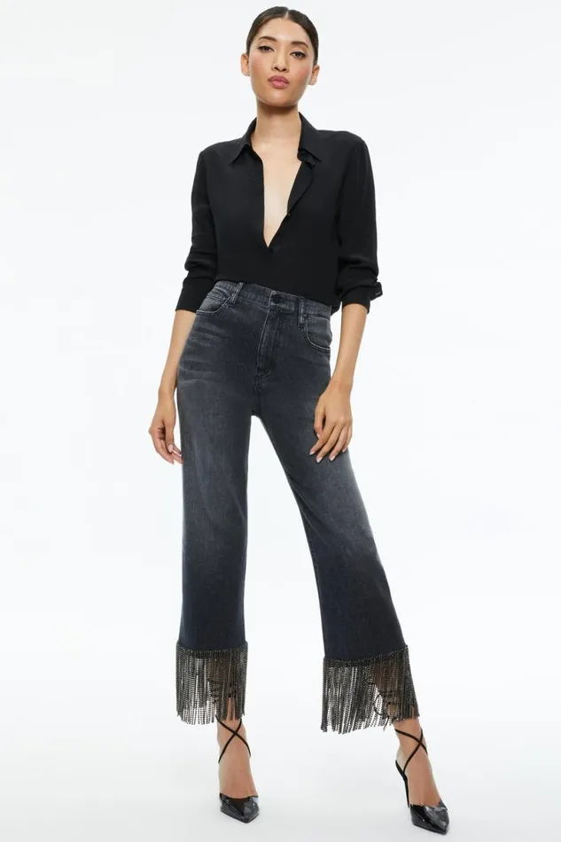 Alice Olivia Amazing Crystal Fringe Hem Jean Maya Charcoal Black Women Pants