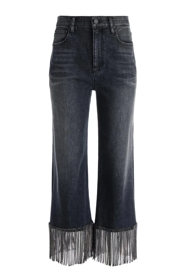 Alice Olivia Amazing Crystal Fringe Hem Jean Maya Charcoal Black Women Pants