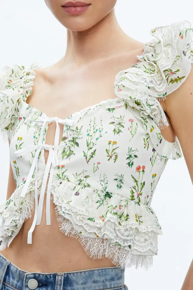 Alice Olivia Charline Ruffle Cropped Top Georgia Floral Women Tops