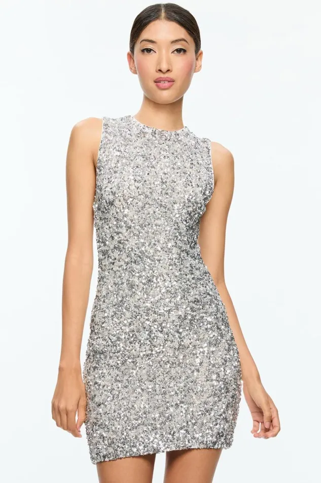 Alice Olivia Coley Sequin Mini Dress Silver Women Dresses
