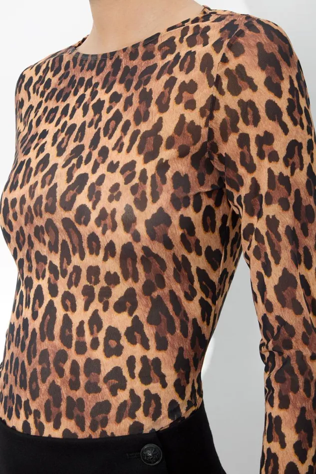 Alice Olivia Delaina Mesh Top Spotted Leopard Dark Tan Women Tops