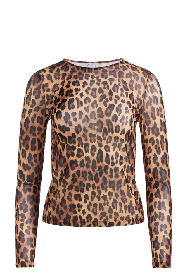 Alice Olivia Delaina Mesh Top Spotted Leopard Dark Tan Women Tops