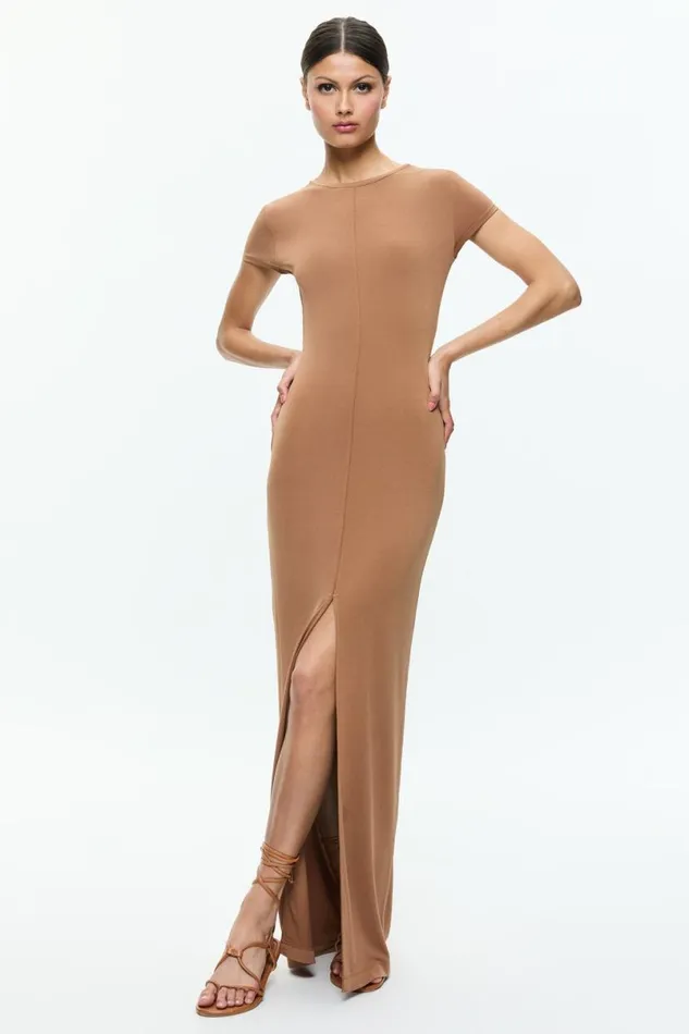 Alice Olivia Delora Two Way Cap Sleeve Maxi Dress Camel Women Dresses