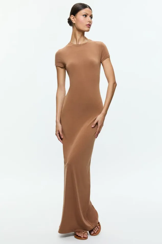 Alice Olivia Delora Two Way Cap Sleeve Maxi Dress Camel Women Dresses