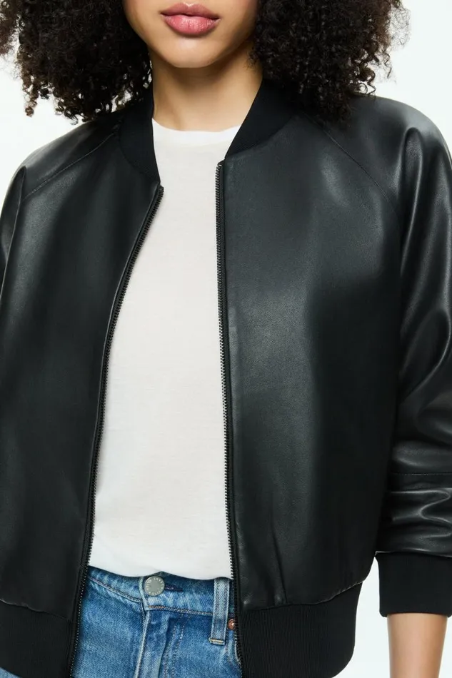 Alice Olivia Felisa Leather Bomber Black Women Outerwear