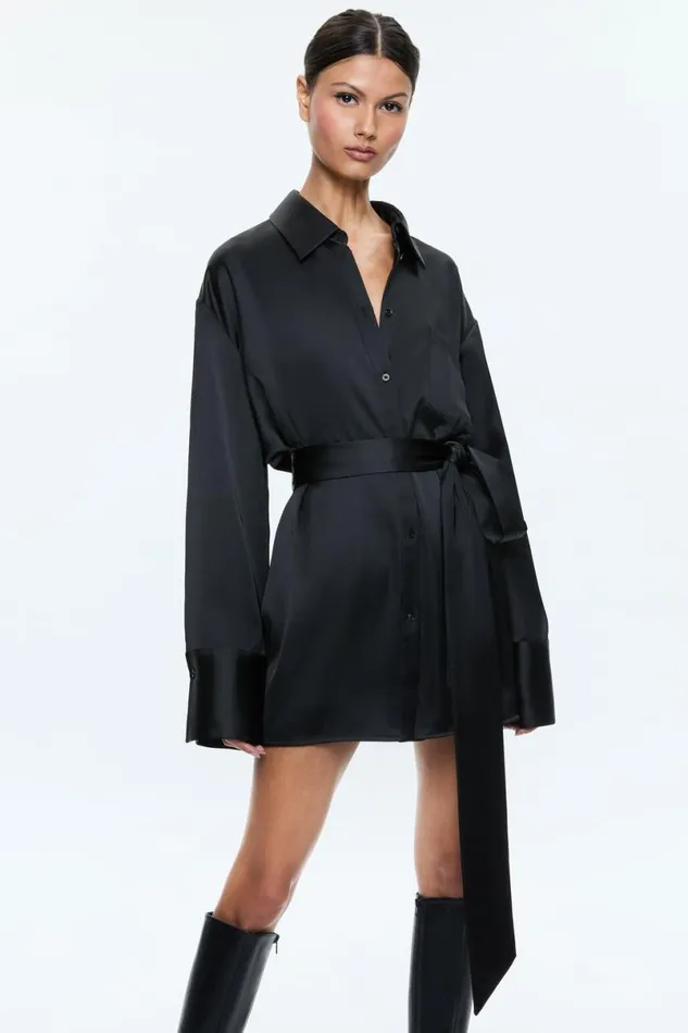 Alice Olivia Finely Mini Shirt Dress Black Women Dresses