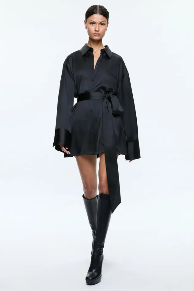 Alice Olivia Finely Mini Shirt Dress Black Women Dresses