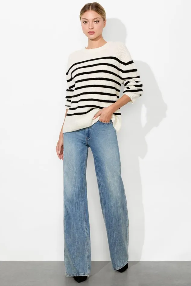 Alice Olivia Harold Striped Pullover Ecrublack Women Sweaters