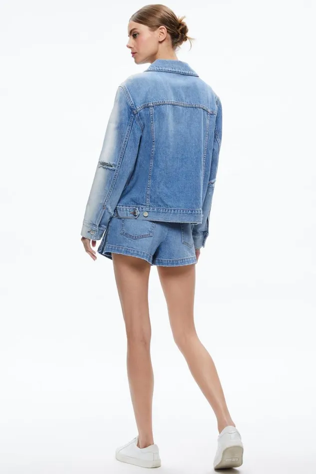 Alice Olivia Jeff Oversized Denim Jacket Light Indigo Bleached Stripe Women Outerwear