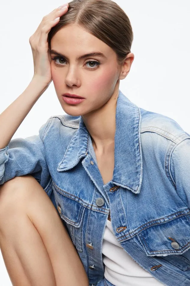 Alice Olivia Jeff Oversized Denim Jacket Light Indigo Bleached Stripe Women Outerwear