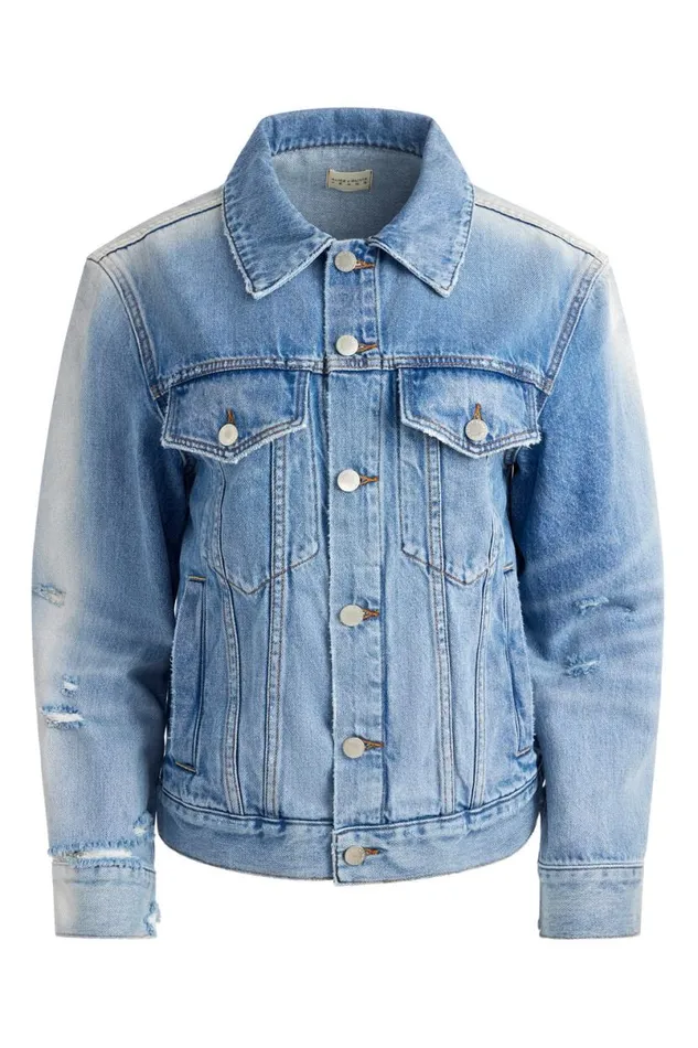 Alice Olivia Jeff Oversized Denim Jacket Light Indigo Bleached Stripe Women Outerwear