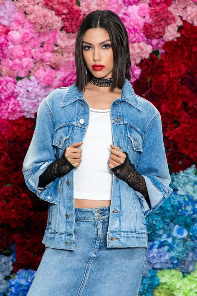 Alice Olivia Jeff Oversized Denim Jacket Light Indigo Bleached Stripe Women Outerwear