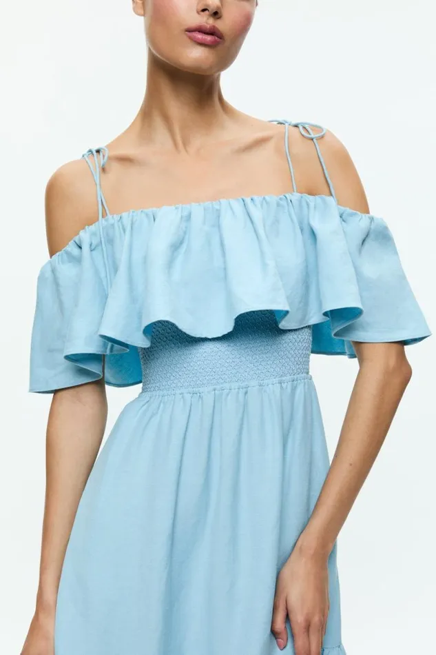 Alice Olivia Kia Off The Shoulder Tiered Maxi Dress Mineral Blue Women Dresses