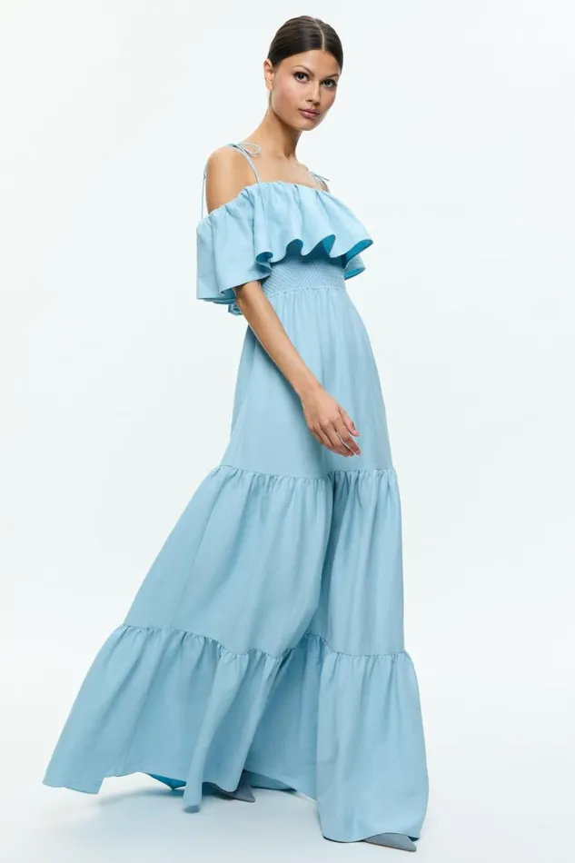 Alice Olivia Kia Off The Shoulder Tiered Maxi Dress Mineral Blue Women Dresses