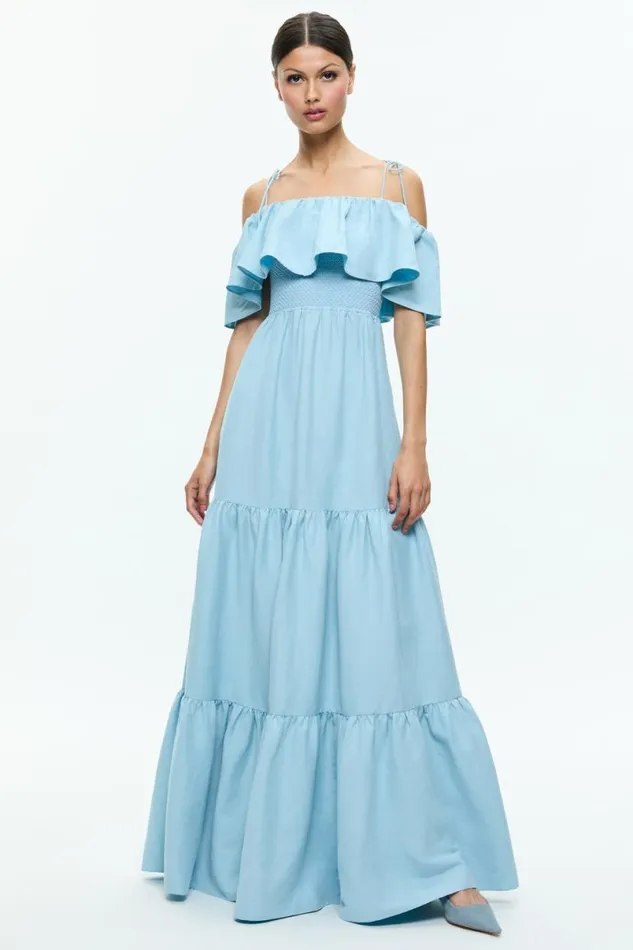 Alice Olivia Kia Off The Shoulder Tiered Maxi Dress Mineral Blue Women Dresses