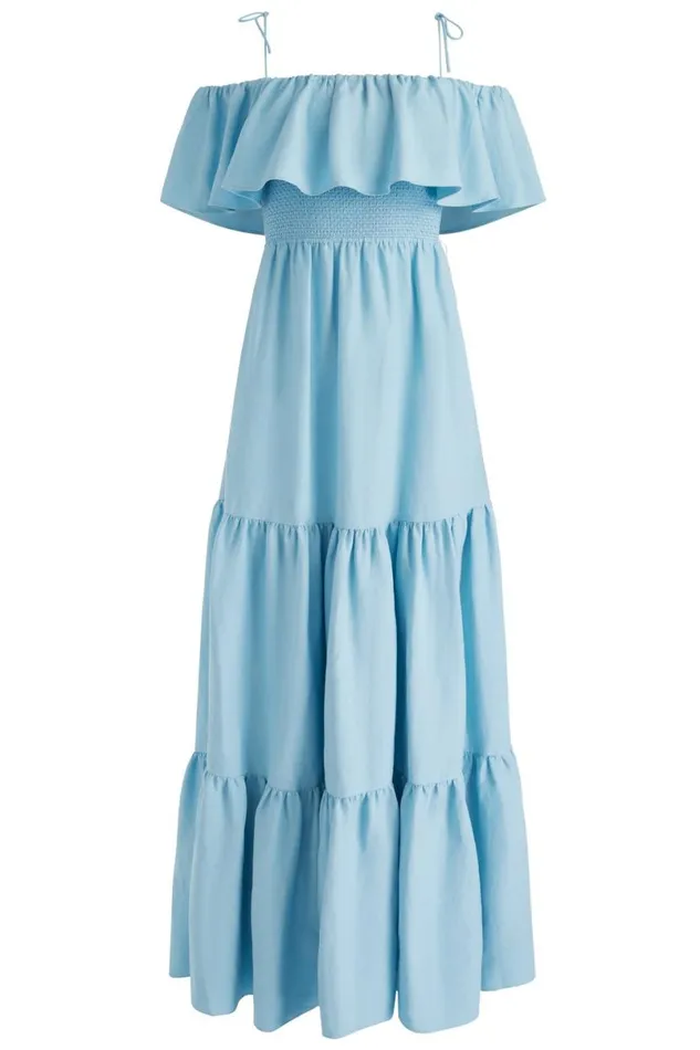 Alice Olivia Kia Off The Shoulder Tiered Maxi Dress Mineral Blue Women Dresses
