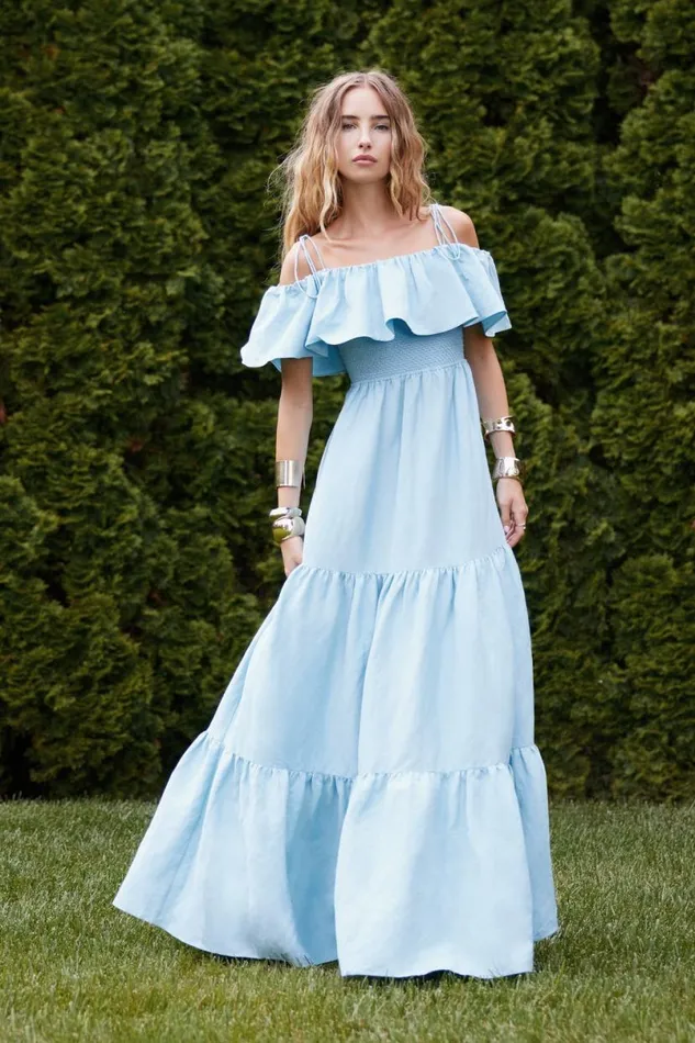 Alice Olivia Kia Off The Shoulder Tiered Maxi Dress Mineral Blue Women Dresses