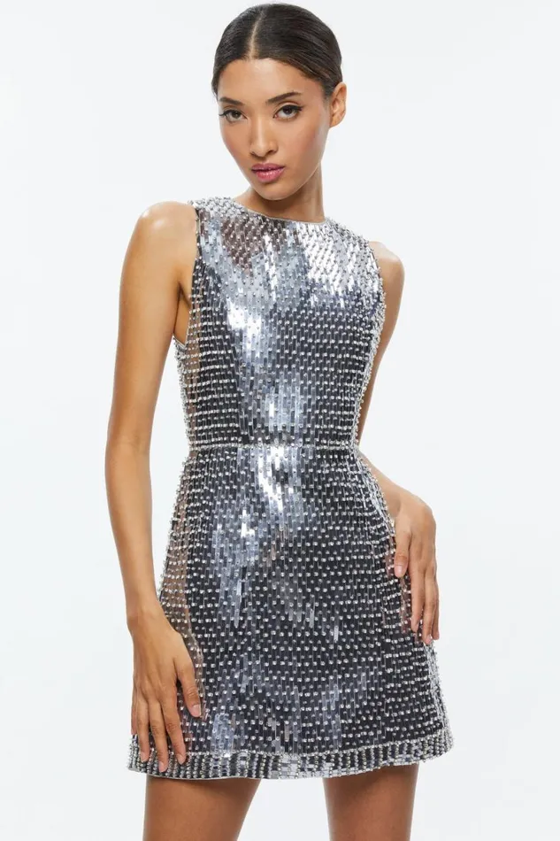 Alice Olivia Lindsey Embellished Mini Gown Silver Women Dresses