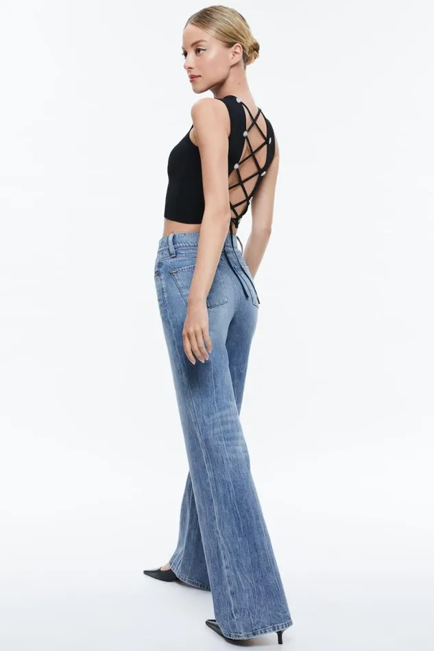 Alice Olivia Loe Lace Up Back Sleeveless Sweater Black Women Tops