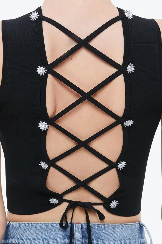 Alice Olivia Loe Lace Up Back Sleeveless Sweater Black Women Tops