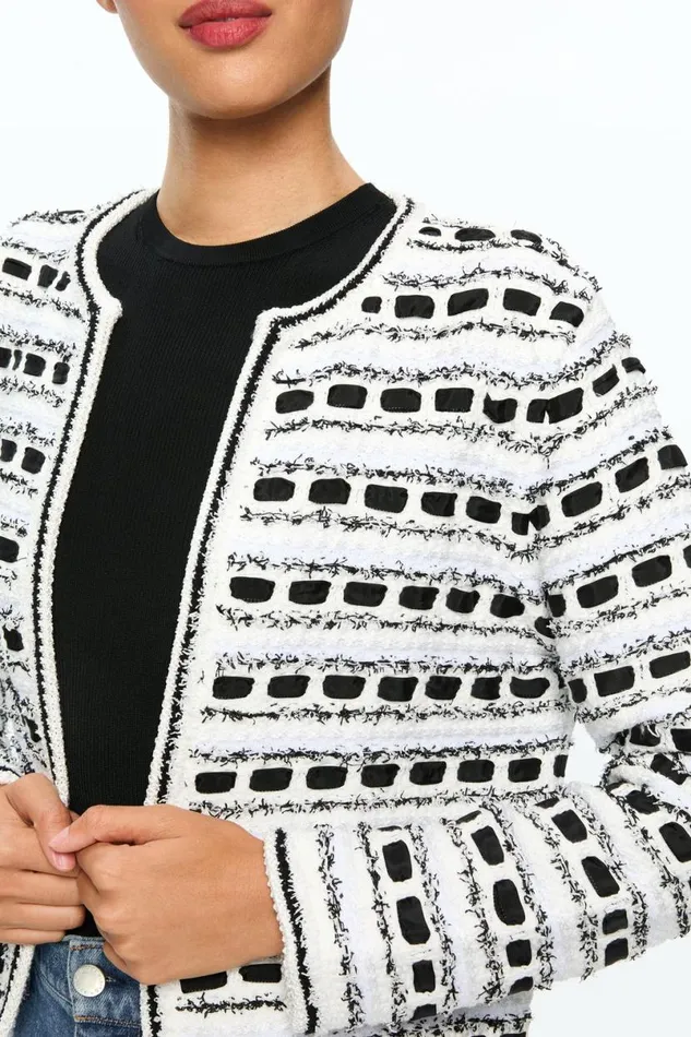 Alice Olivia Marjorie Tweed Cardigan Soft Whiteblack Women Sweaters