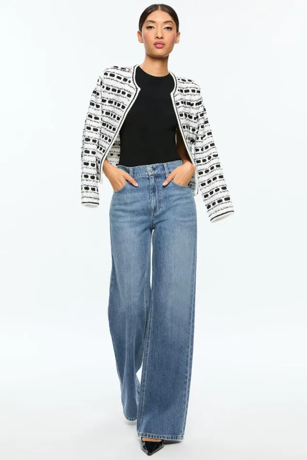 Alice Olivia Marjorie Tweed Cardigan Soft Whiteblack Women Sweaters