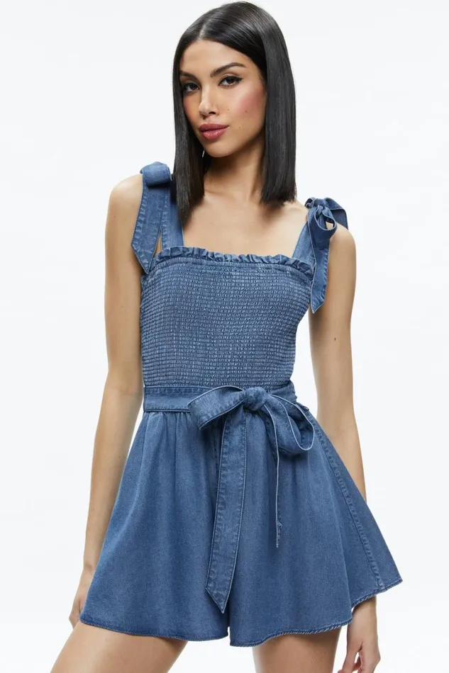 Alice Olivia Roz Smocked Chambray Romper Medium Indigo Chambray Women Jumpsuits