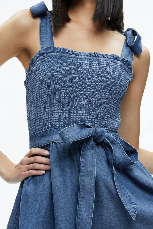 Alice Olivia Roz Smocked Chambray Romper Medium Indigo Chambray Women Jumpsuits