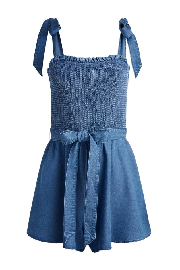 Alice Olivia Roz Smocked Chambray Romper Medium Indigo Chambray Women Jumpsuits