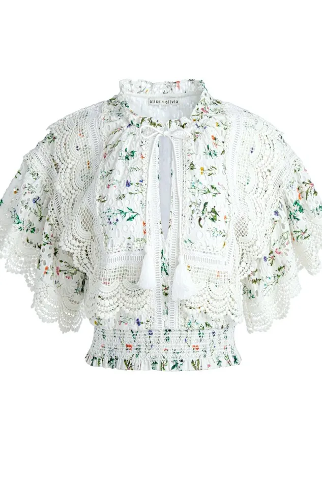 Alice Olivia Tabitha Lace Button Front Cropped Blouse Georgia Floral Women Tops