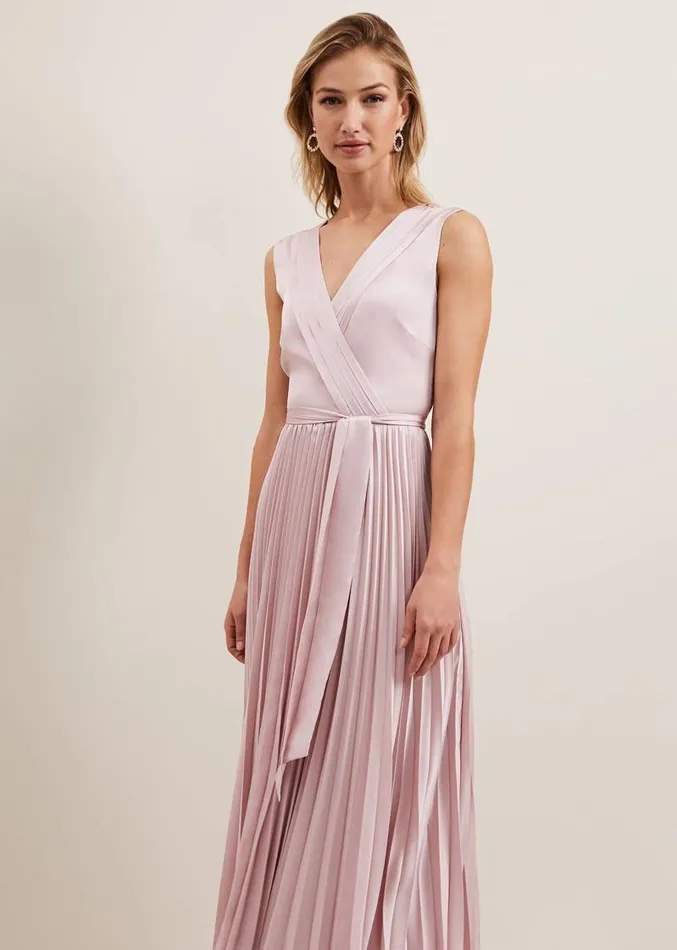 Bonnie Pleat Wrap Satin Maxi Dress Pink Women Phase Eight Dresses
