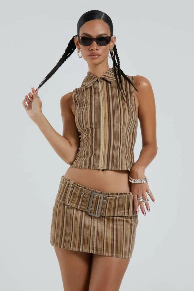 Bowery Stripe Cord Waistcoat Brown Women Jaded London