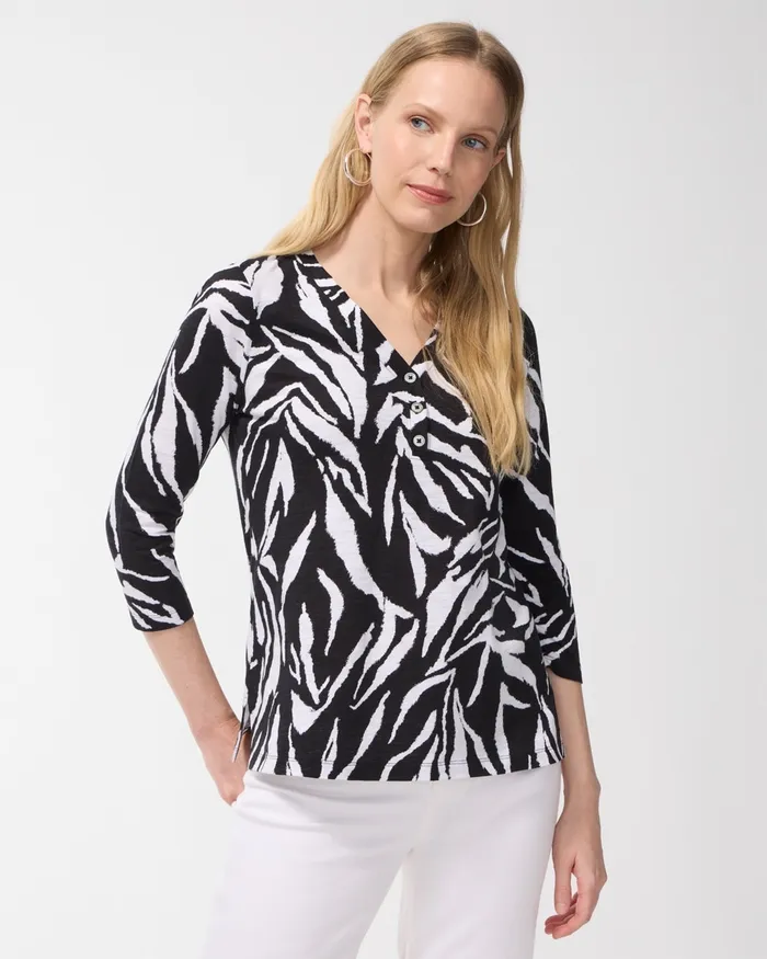 Chico039s Animal Print 34 Sleeve Slub Tee Black Women Tops