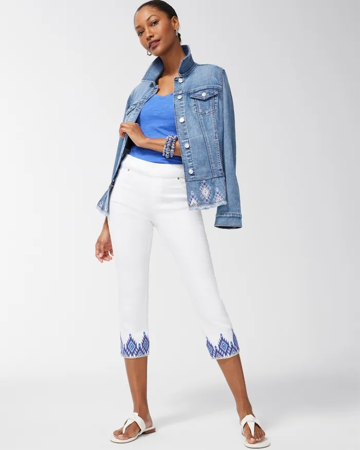 Chico039s Boho Embellished PullOn Capris Alabaster Women Jeans and Denim