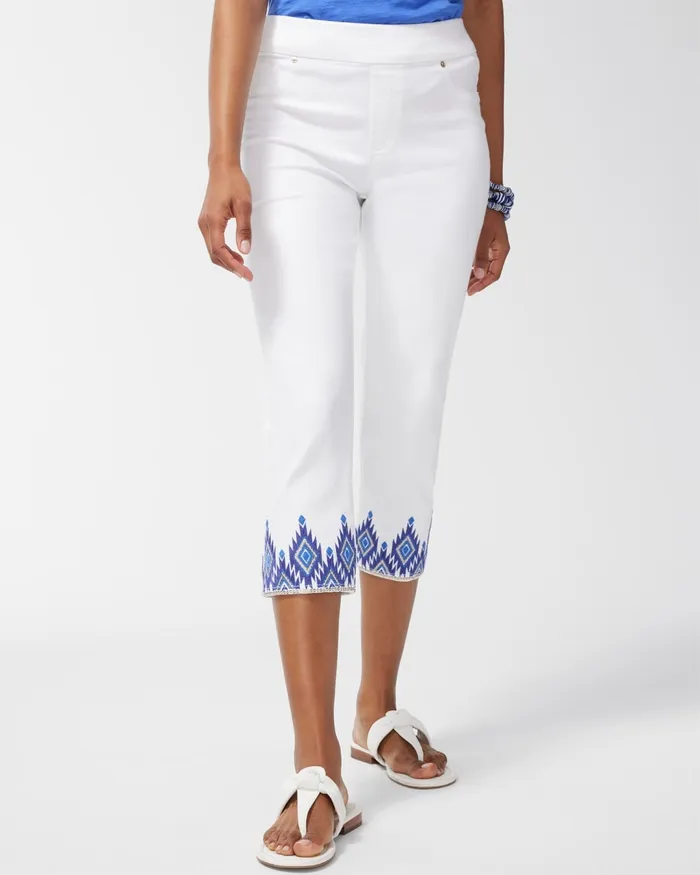 Chico039s Boho Embellished PullOn Capris Alabaster Women Jeans and Denim