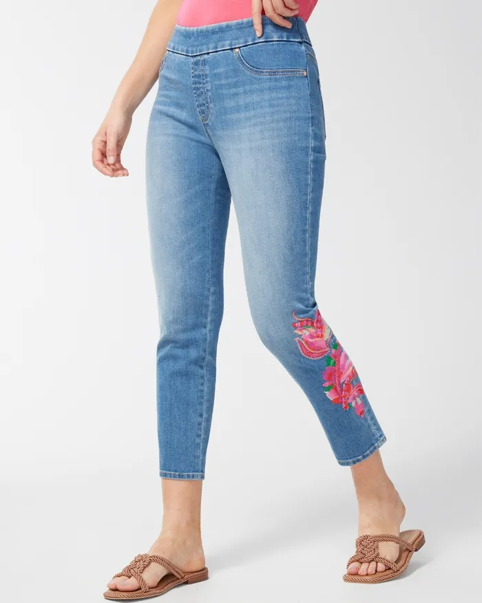 Chico039s Embroidered Palms PullOn Crops Southampton Indigo Women Jeans and Denim