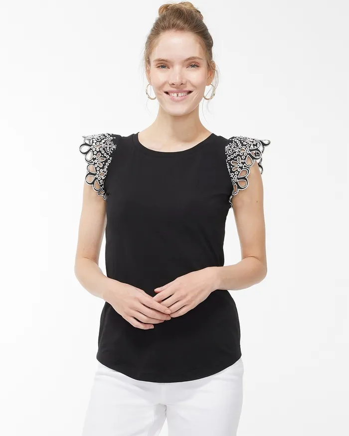 Chico039s Eyelet Cap Sleeve Tee Alabaster Women Tees
