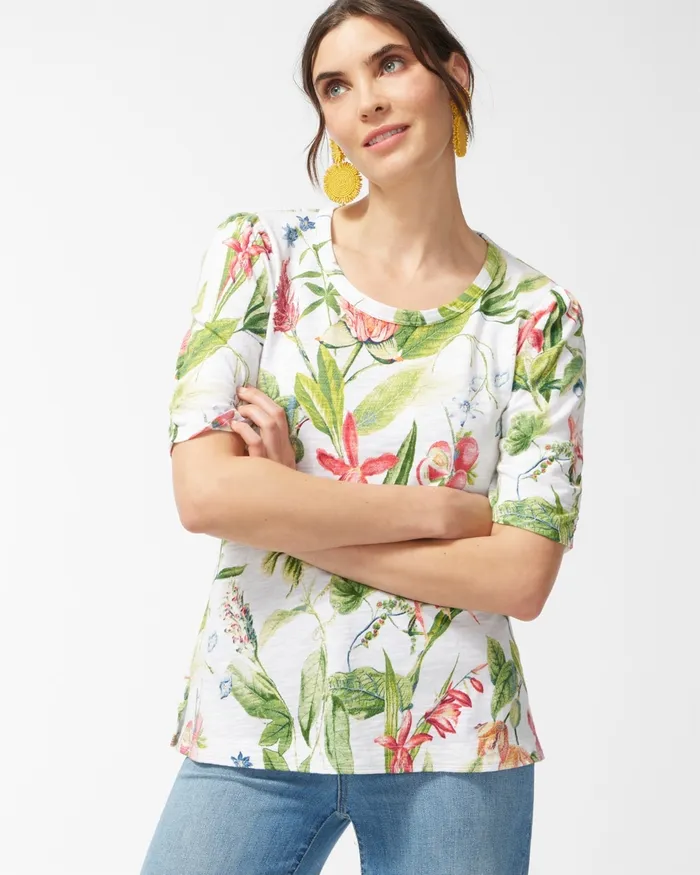 Chico039s Floral Gathered Sleeve Slub Tee Alabaster Women Tees