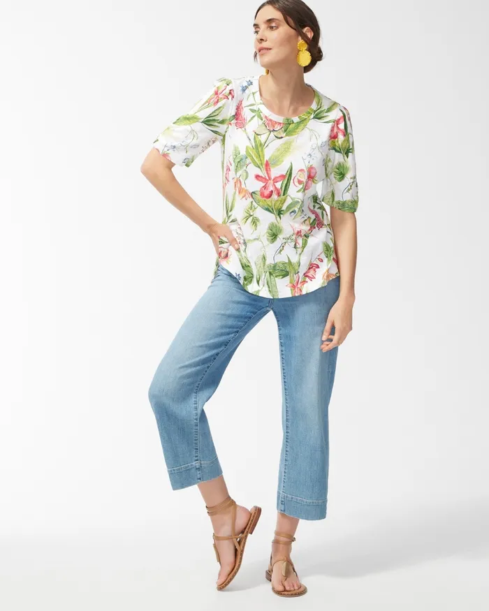 Chico039s Floral Gathered Sleeve Slub Tee Alabaster Women Tees