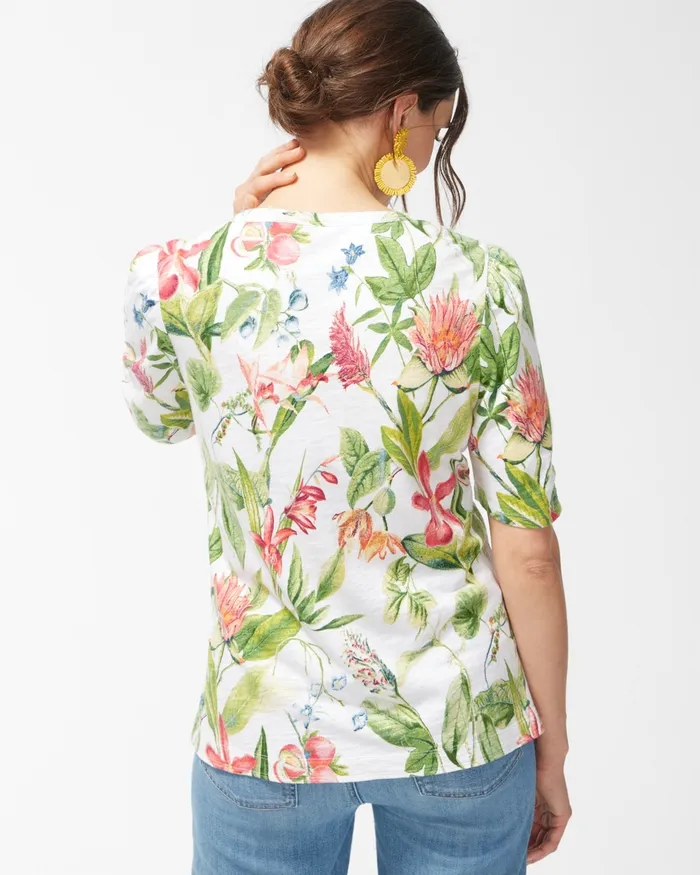 Chico039s Floral Gathered Sleeve Slub Tee Alabaster Women Tees