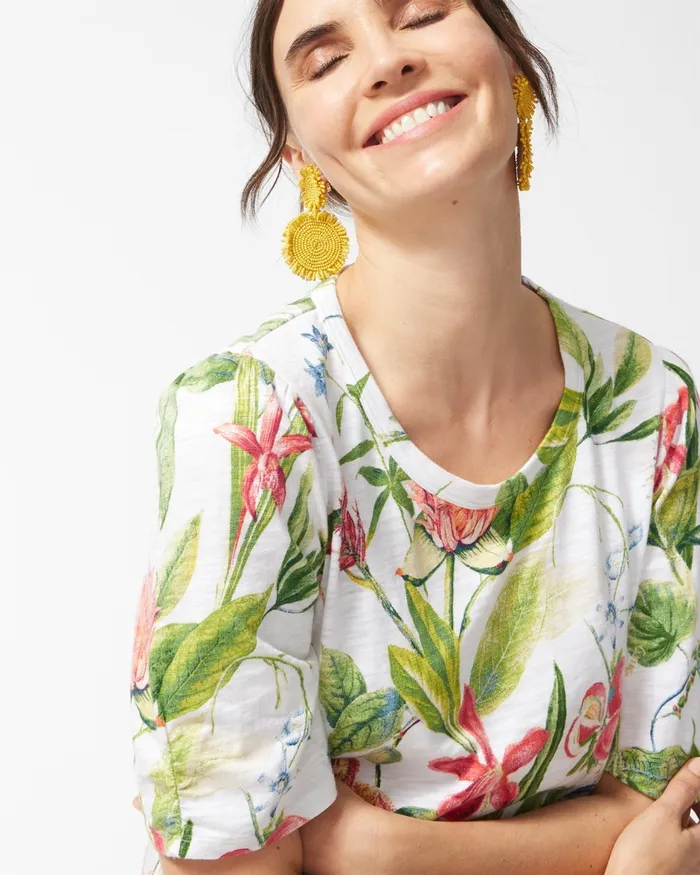 Chico039s Floral Gathered Sleeve Slub Tee Alabaster Women Tees