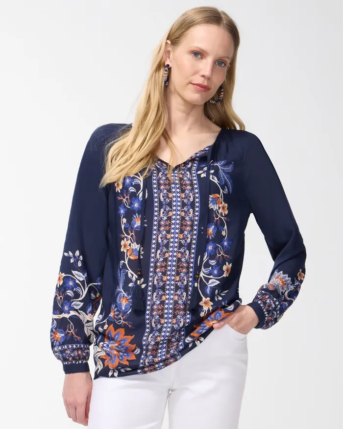 Chico039s Floral Print Pullover Top Classic Navy Women Tops