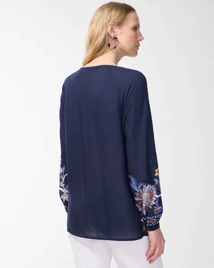 Chico039s Floral Print Pullover Top Classic Navy Women Tops