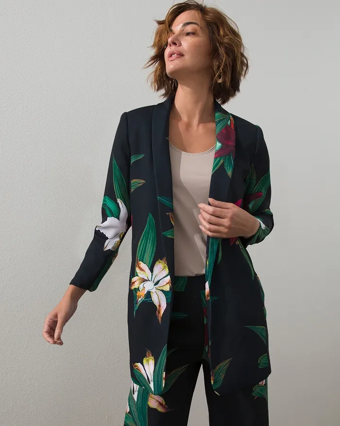 Chico039s Floral Ruched Sleeve Soft Jacket BlackRed Women Jackets and Coats
